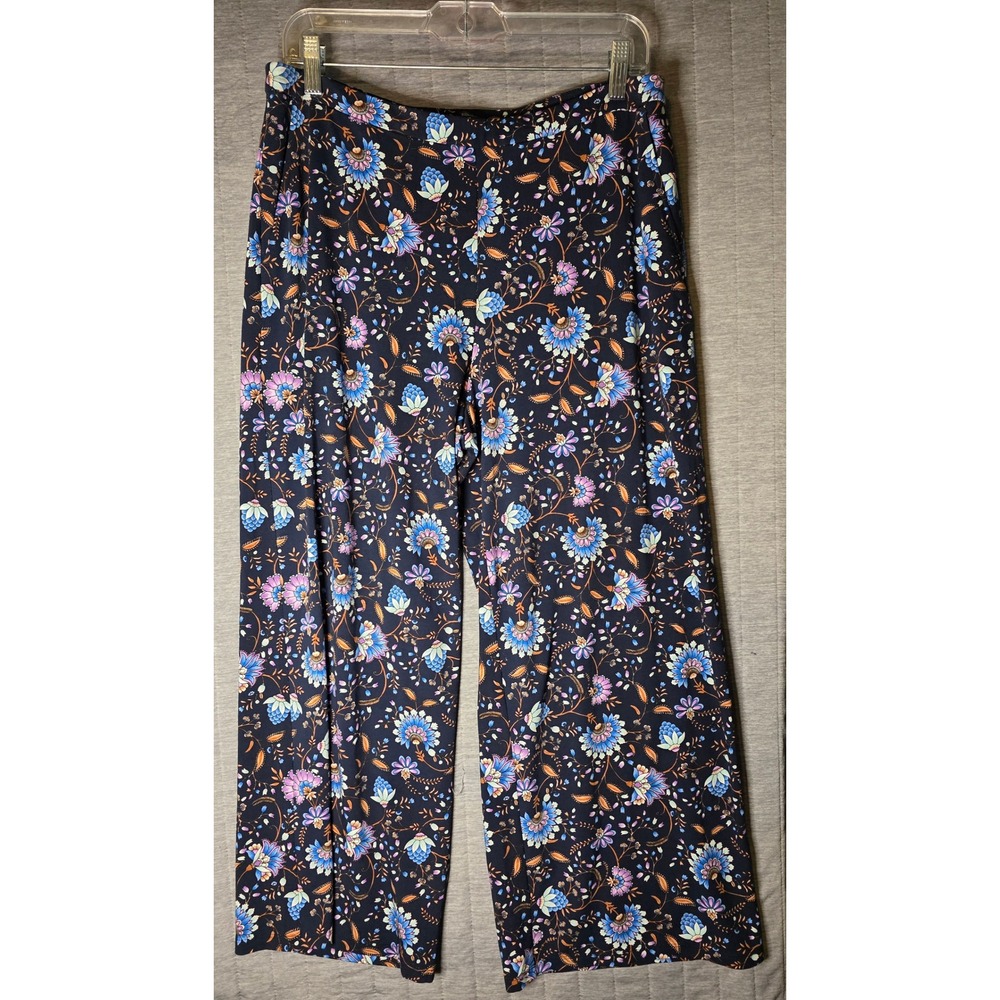 610 J. Jill Wearever Floral Medallion Wide Leg Pants Navy Blue Boho Stretch Med